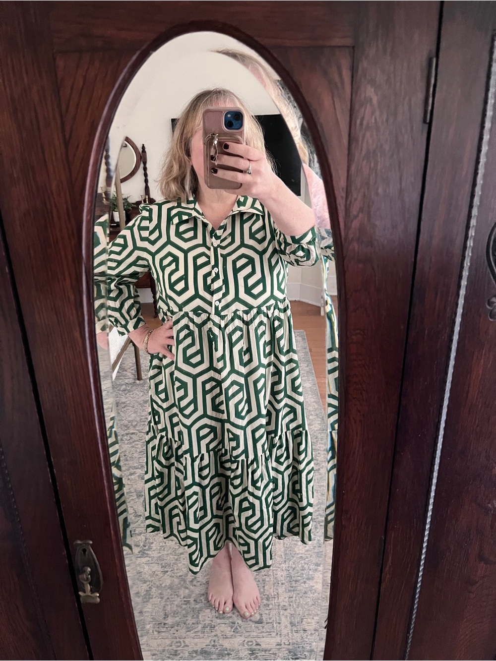 Zara Green and Cream Geometric Midi Shirt Dress - Picture 7 of 8